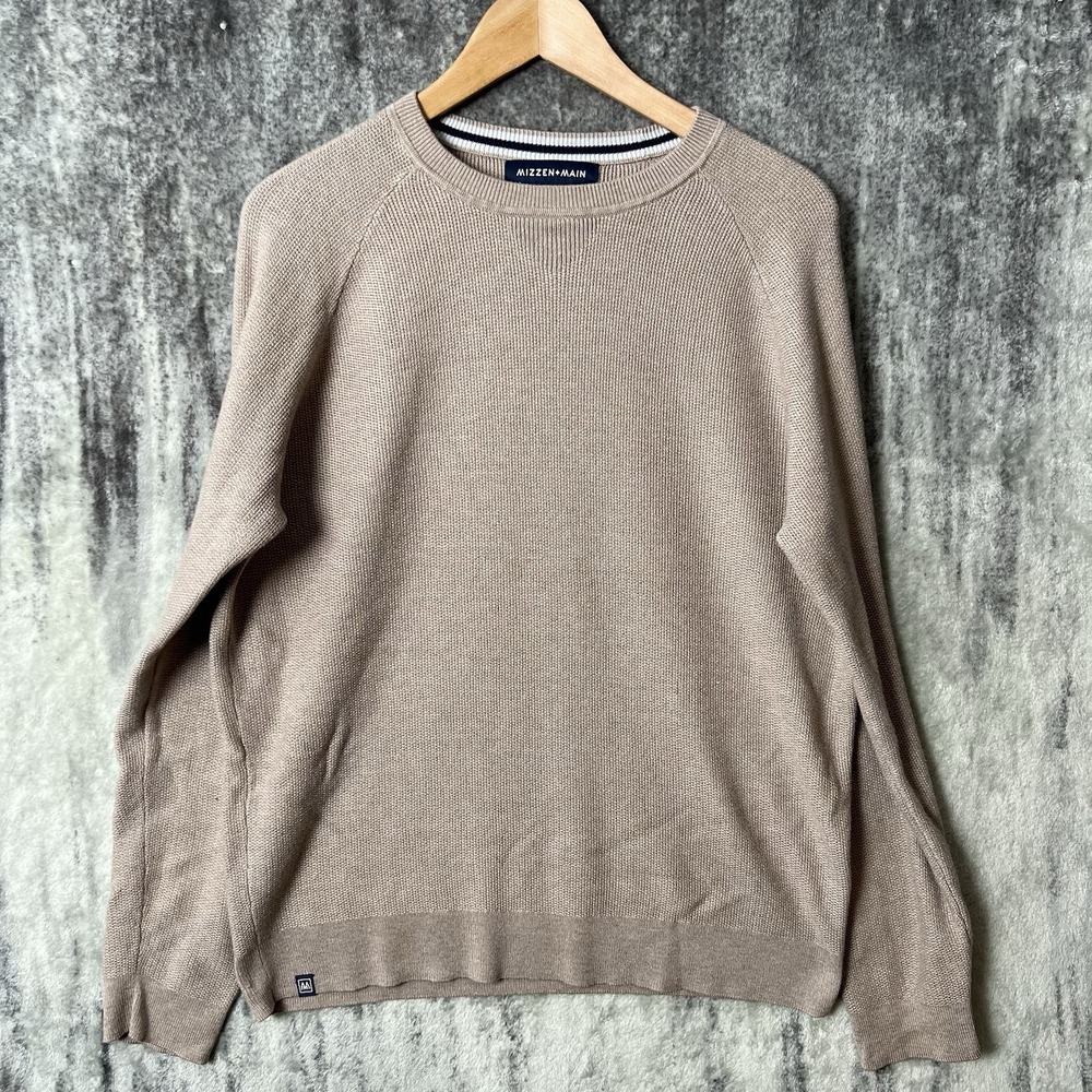 Mizzen Main Cassady Sweater Mens XL Taupe Tight Knit Crewneck Golf Casual Beige